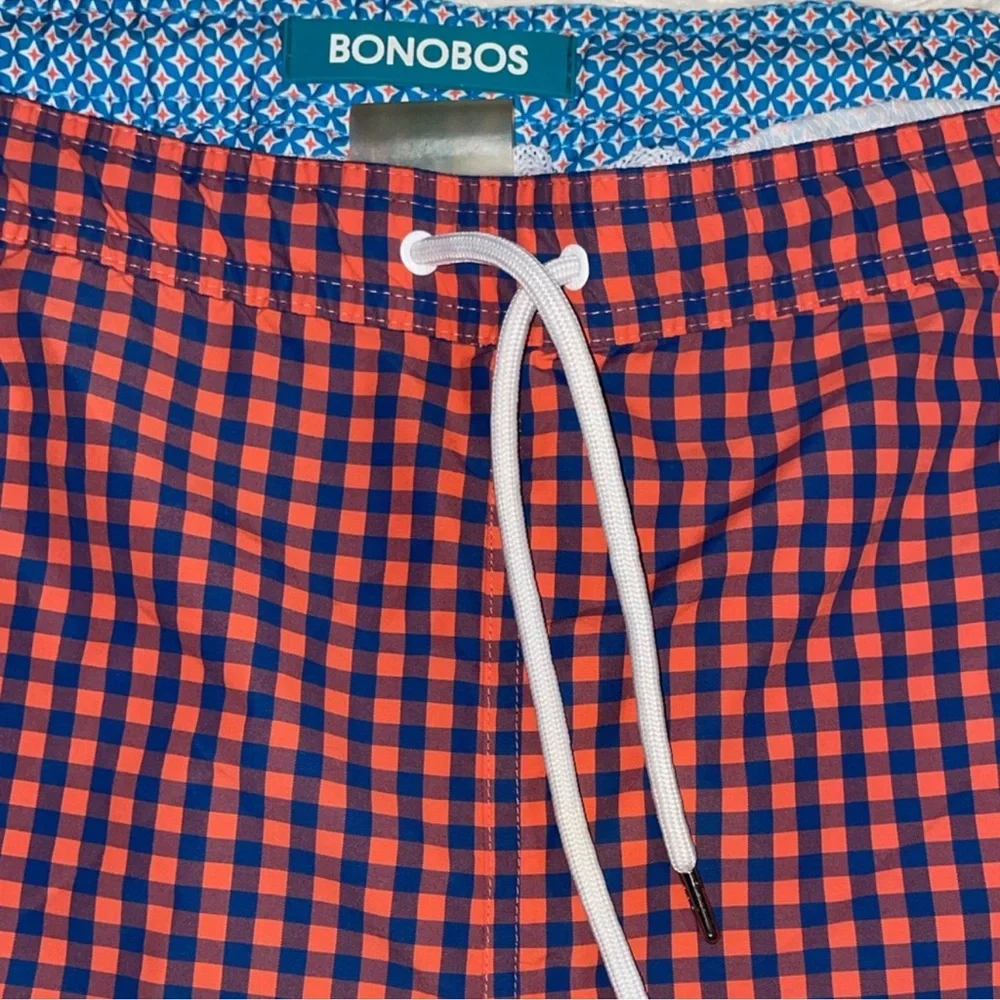 BONOBOS Mens Red & Navy Blue Plaid Check Swim Shorts Trunks